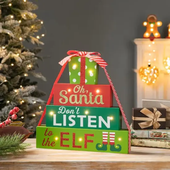 Glitzhome® 12" Lighted Wooden Christmas Gift Block Table Décor {3}
