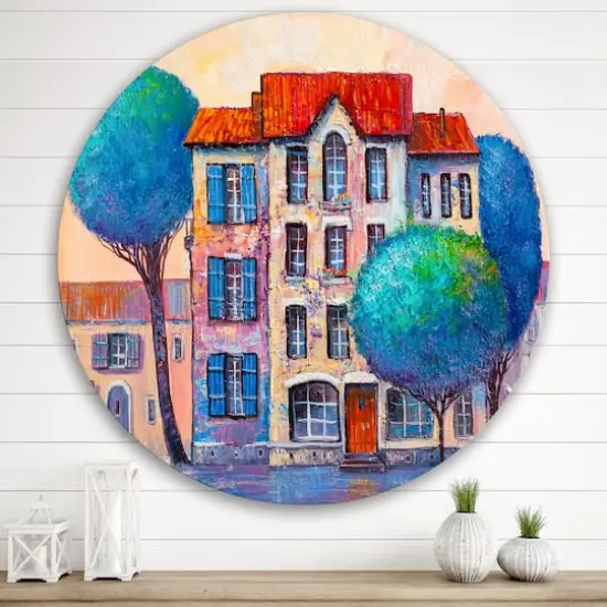 Designart - House With Red Roof and Colorful Autumn Trees - Modern Metal Circle Wall Art {4}