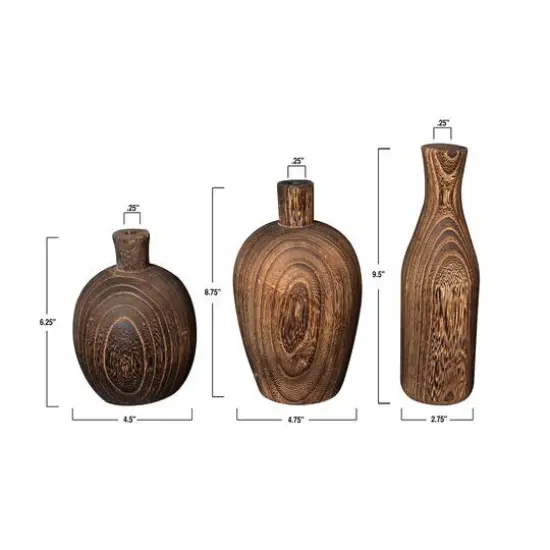 Hello Honey&reg; Brown Paulownia Wood Vase with Black Charred Finish Set {7}