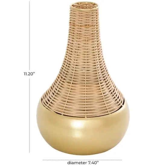 11" Brown & Gold Rattan Handmade Woven Vase {8}