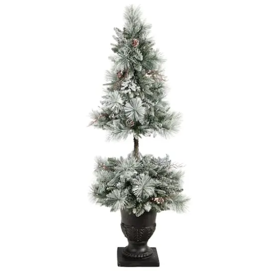 5ft. Pre-Lit Flocked Artificial Christmas Tree in Decorative Urn, White LED Lights {4}