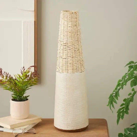 Light Brown Rattan Handmade Woven Vase with Beige Metal Base {3}