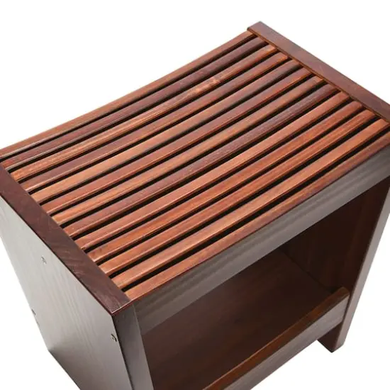 Hello Honey&reg; 18" Modern Slatted Solid Wood Stool With Storage Shelf Walnut Finish {9}