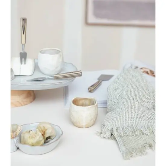 Hello Honey&reg; 13.75" Acacia-Base White Stoneware Elegance Pedestal {5}