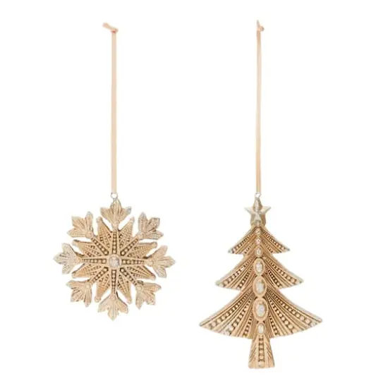 Glittered Gold Pine Tree & Snowflake Ornament Set {3}
