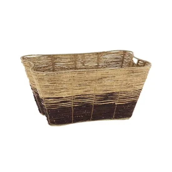 30" Brown Seagrass Handmade Oversized Color Block Storage Basket with Slot Handles {3}
