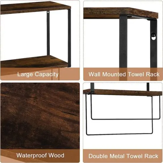 Brown Wood Wall Mount Bathroom 2 Tier Towel Shelf  {6}