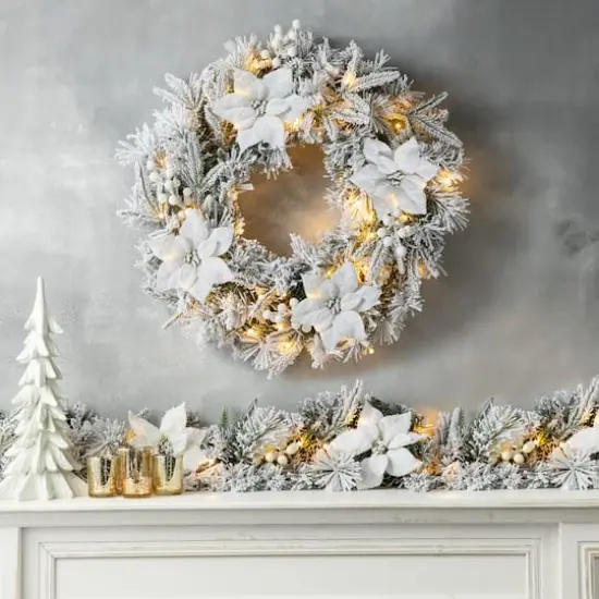Glitzhome&reg; 24" Pre-Lit Snow Flocked Greenery Pine Poinsettia Christmas Wreath {3}