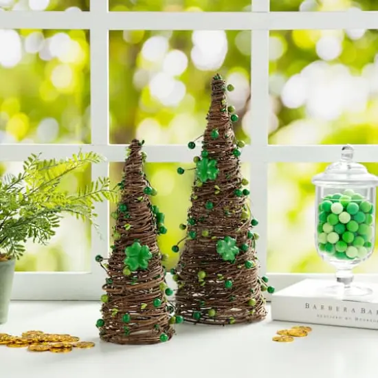 Glitzhome&reg; St. Patrick's Rattan Shamrock & Berry Table Tree Set {3}