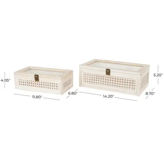 Cream Metal Handmade Woven Storage Box with Bronze Latches & Tempered Glass Tops Set {8}