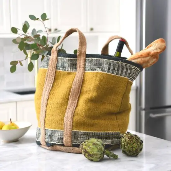 Hello Honey&reg; 24" Mustard Striped Woven Jute Tote with Liner {4}