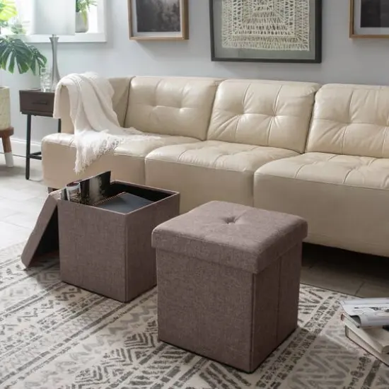 Simplify 15" Faux Linen Folding Storage Ottoman Cube Espresso {5}