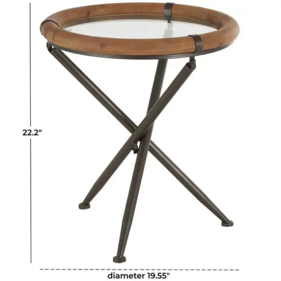 22.25" Brass Metal Round Accent Table with Wooden Framed Glass Tabletop {8}