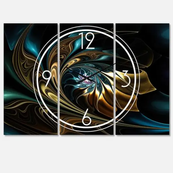 Designart Brown Blue Fractal Flower In Black Multipanel Wall Clock {1}