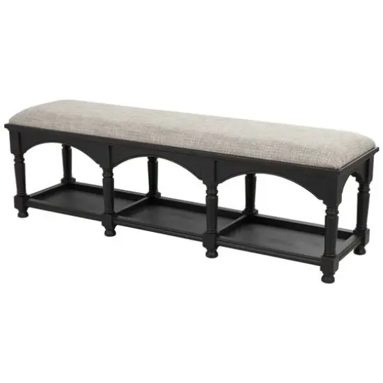 59" Black & Beige Fabric Arched Storage Bench with Traditional Turned Legs {7}