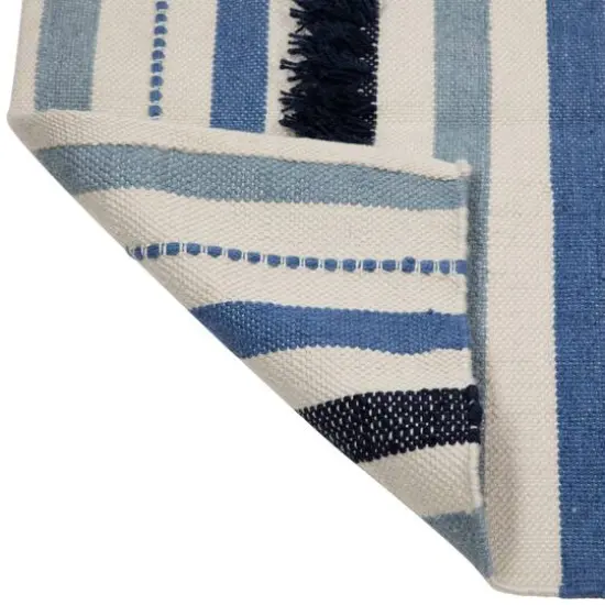 Blue, Cream & Black Striped Handloom Woven Outdoor Throw Rug, 3.5ft.x 2ft. {7}