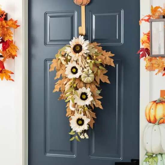 Glitzhome&reg; 28" Fall Neutral Sunflower, Pumpkin and Leaf Swag {4}