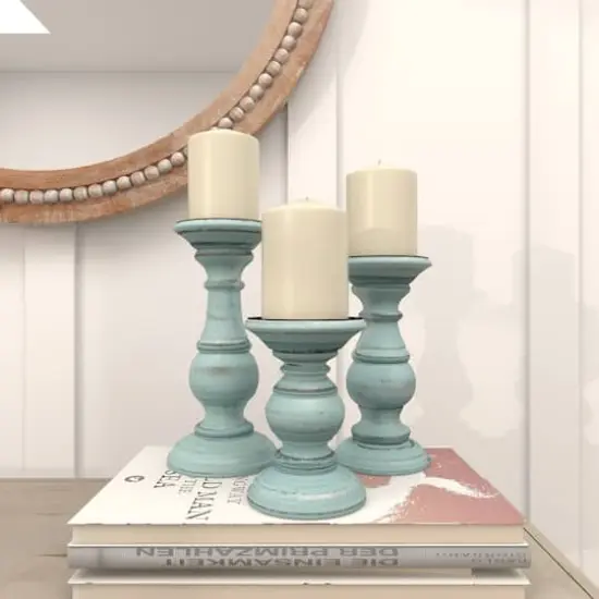 Mango Wood Traditional Candle Holder Set Light Blue {9}