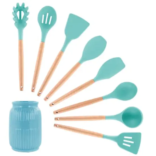 MegaChef Light Teal Silicone & Wood Cooking Utensils Set, 9ct. {1}