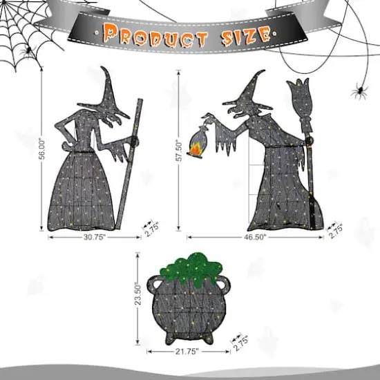 Glitzhome&reg; Set of 3 Lighted Halloween 2.5D Witches with Cauldron Outdoor Decor {8}