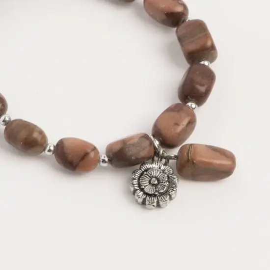 John Bead Jasper Brown Natural Stone Stretch Bracelet with Flower Charm {3}
