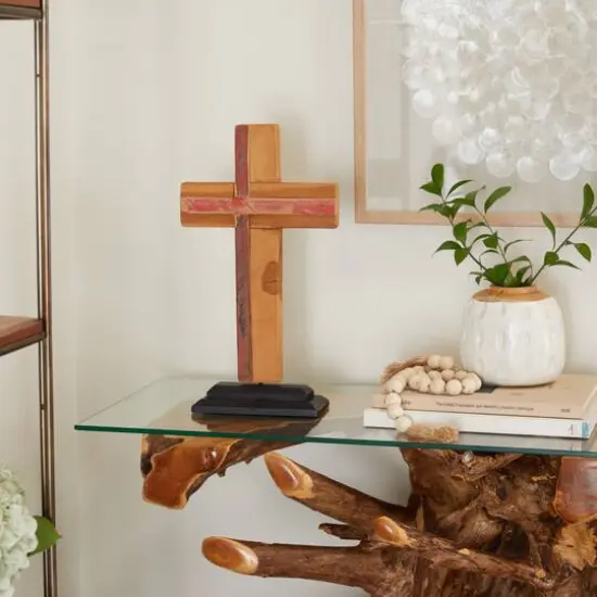 18" Brown Wood Modern Cross Sculpture {10}