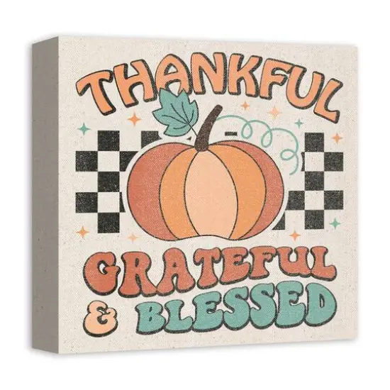 Thankful Grateful Blessed Check 12" x 12" Canvas Wall Art {3}