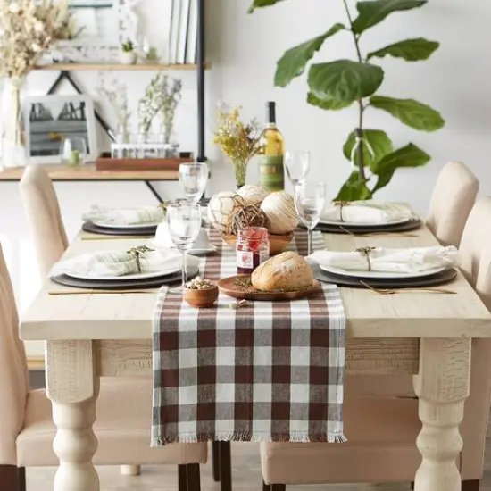 DII® 108" Heavyweight Check Fringed Table Runner Bark Brown {6}