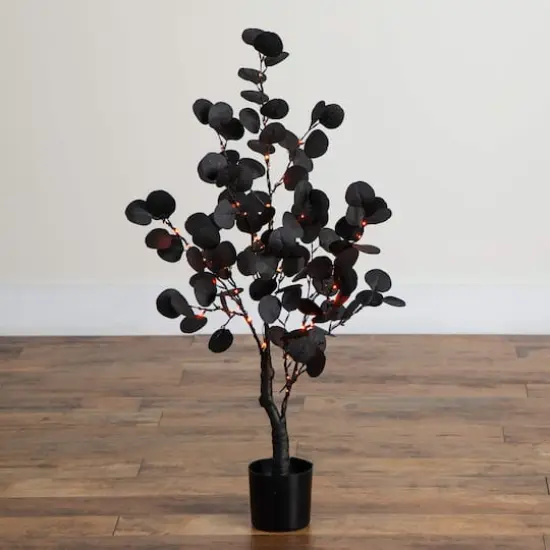 3ft. Pre-Lit Artificial Halloween Black Eucalyptus Tree with 80 Orange & Purple LED Lights {10}