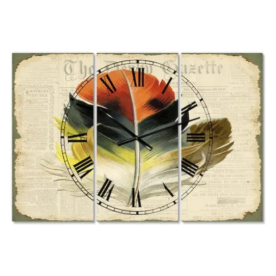 Designart Colorful Elegant Feather On Old Style Newspaper III Multipanel Wall Clock {1}