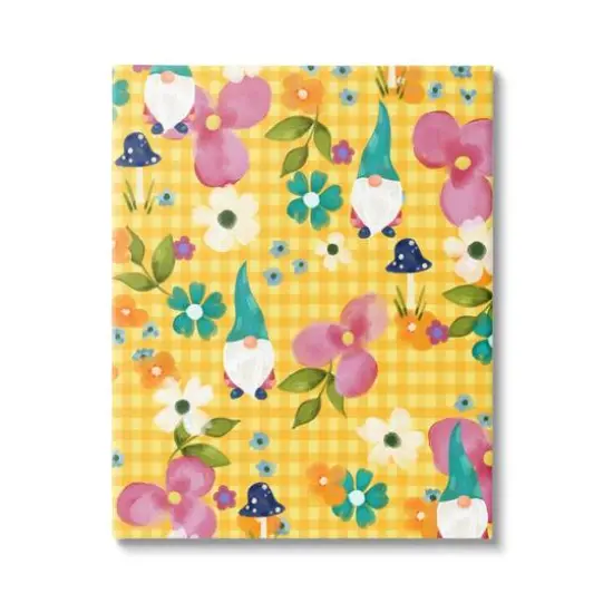 Stupell Industries Yellow Tartan Patterned Spring Gnomes Mushrooms Canvas Wall Art {1}