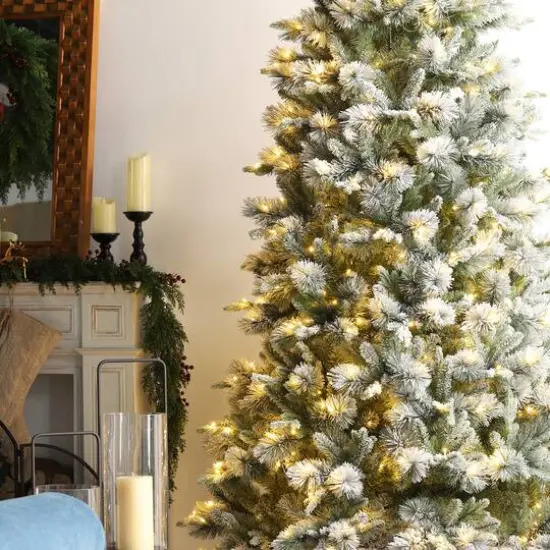 Glitzhome&reg; 11ft Pre-Lit Flocked Slim Pine Artificial Christmas Tree, Warm White LED Lights {6}