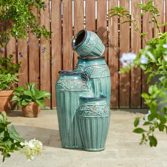 Glitzhome&reg; 27" 4-Tier LED Ceramic Fountain Turquoise {3}
