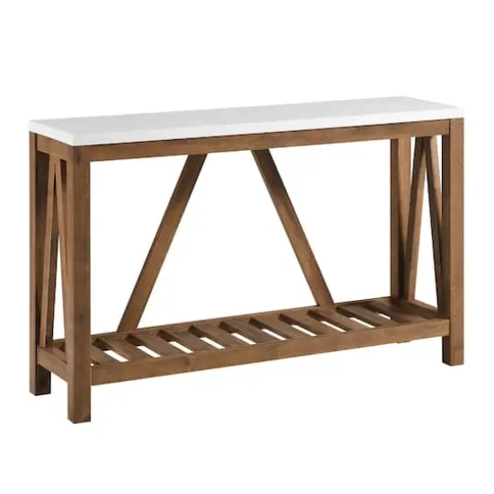 Walker Edison Faux White Marble/Walnut Rustic A-Frame Entry Table {1}