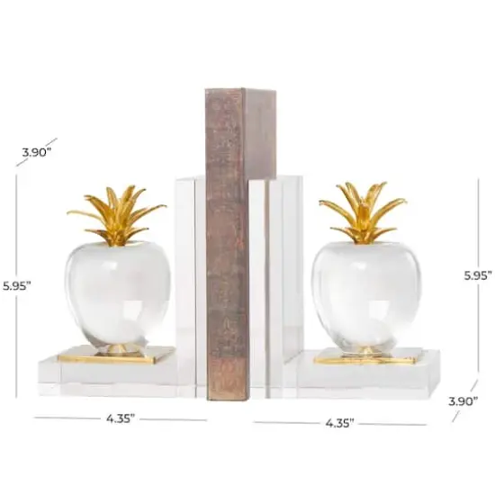 6" Clear Crystal Fruit Apple Bookends with Gold Leaves Set {4}