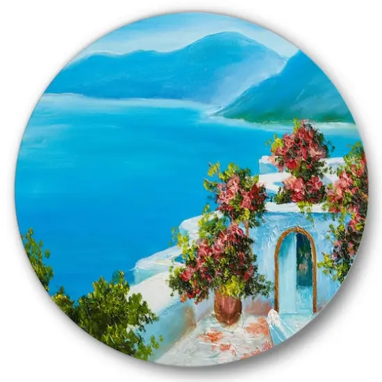 Designart - House Near The Sea Colorful Flowers I - Nautical & Coastal Metal Circle Wall Art {1}