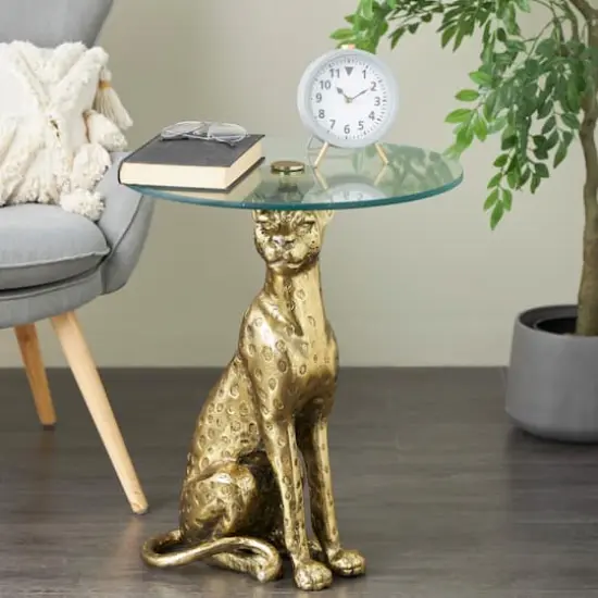 25" Gold Aluminum Leopard Spotted Sitting Accent Table with Glass Tabletop {3}