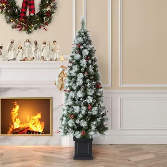 6ft. Pre-Lit Greenery Pinecones & Red Berries Artificial Christmas Porch Tree, Warm White LED Lights {4}