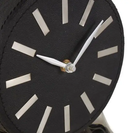 Faux Leather Round Decorative Clock with Rectangular Base Black/Silver {5}