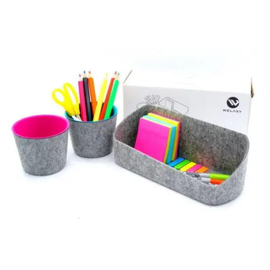 Welaxy Felt 3 Piece Gray Tray with Turquoise & Hot Pink Cups Desktop Organizer Set {6}