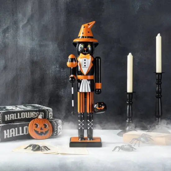 Glitzhome&reg; 18.5"H Halloween Wooden Black Cat Nutcracker with Pumpkin Ornament {3}