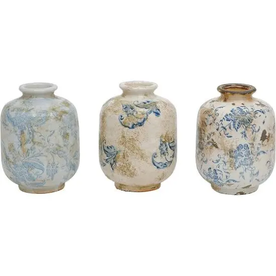 Hello Honey® Blue & White Heavy Distressing Decorative Terracotta Vases Set {2}