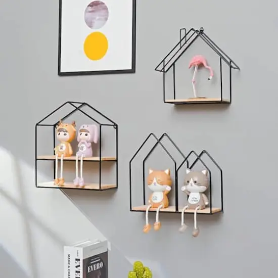 NEX&trade; Black 2-Tier Iron House Floating Wall Shelf {4}