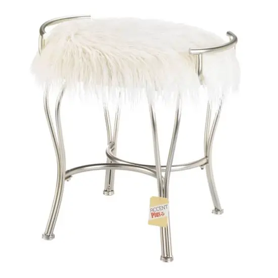 21.25" White Faux Fur Vanity Stool {3}