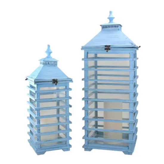 L'Eau de Fleur Distressed Blue Fir Wood Candle Lantern Set, 21" & 28" {1}
