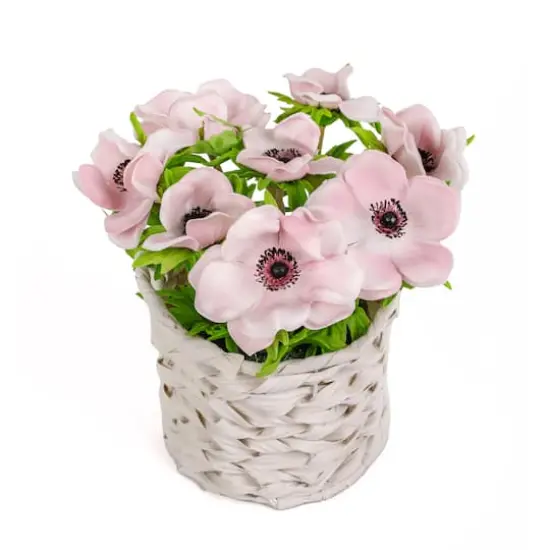 10" Anemone Flower Bouquet In White Basket Pink {6}