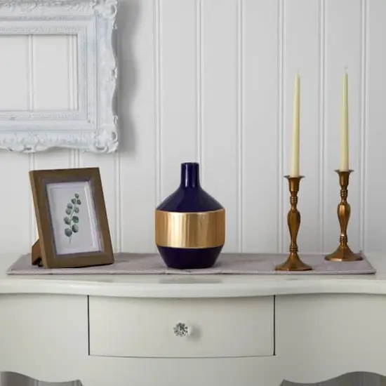 9" Lux Blue Ceramic Vase with Gold Band {4}