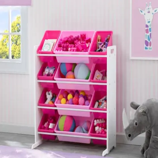 Kids Storage Organizer With 12 Plastic Bins Pink {5}