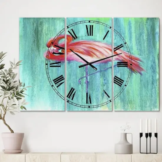 Designart Pink Flamingo In Blue Large Cottage 3 panel Wall Clock {3}