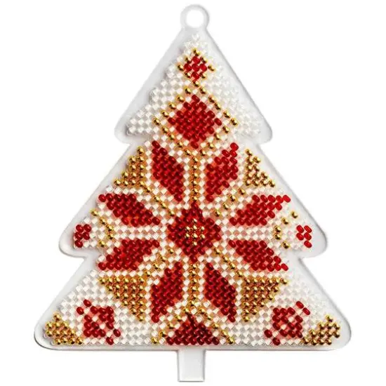 Wonderland Crafts Red & Gold Fair Isle Tree Ornament Bead Embroidery on Plastic Kit {1}